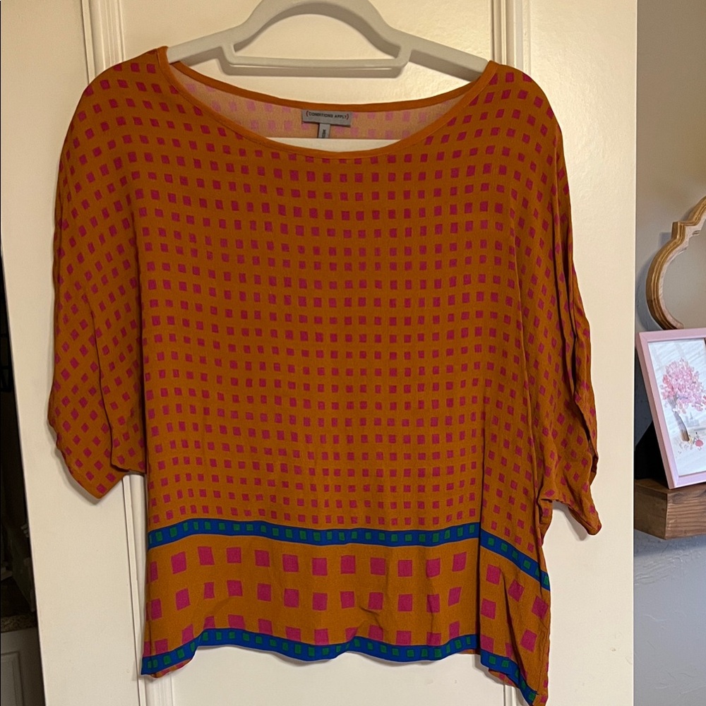 Orange Boxy Blouse with Pink Geo Print and Teal Trim